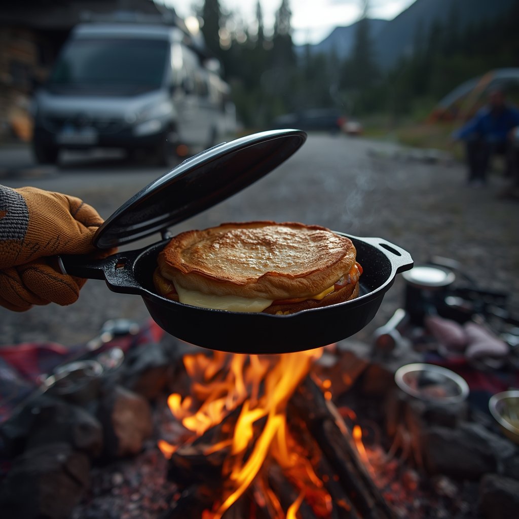 camp cooker pie iron in action