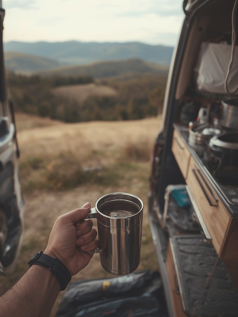 double wall camping mug - camp kitchen setup