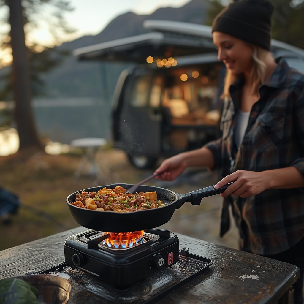 propane camp stove in action