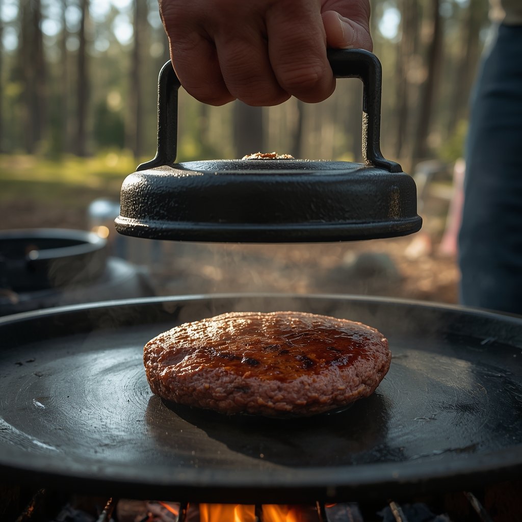 cast iron burger press in action