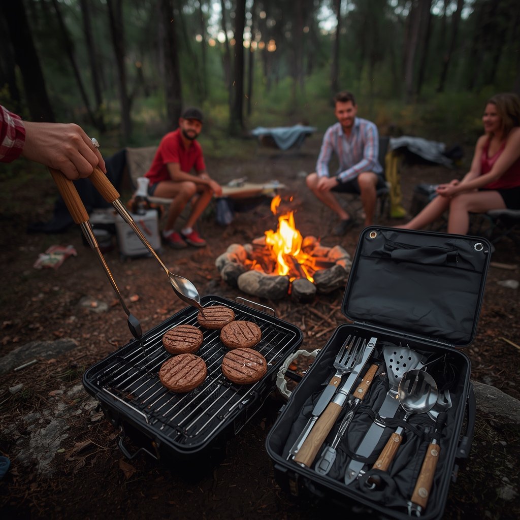 camping grill tool set in action
